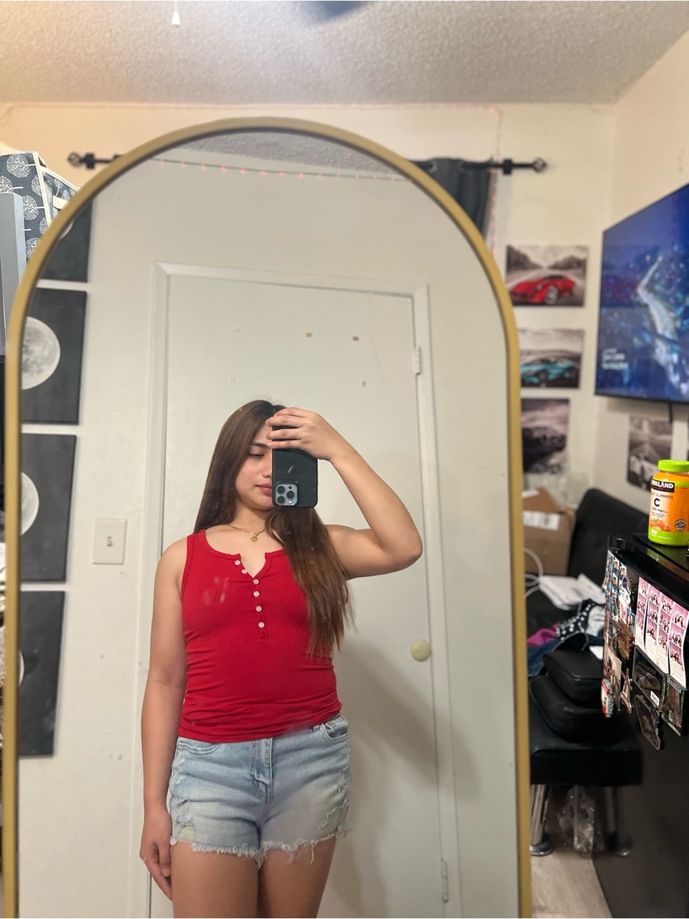 Sleeveless Red Henley Tank Top - Classic Women's Fit